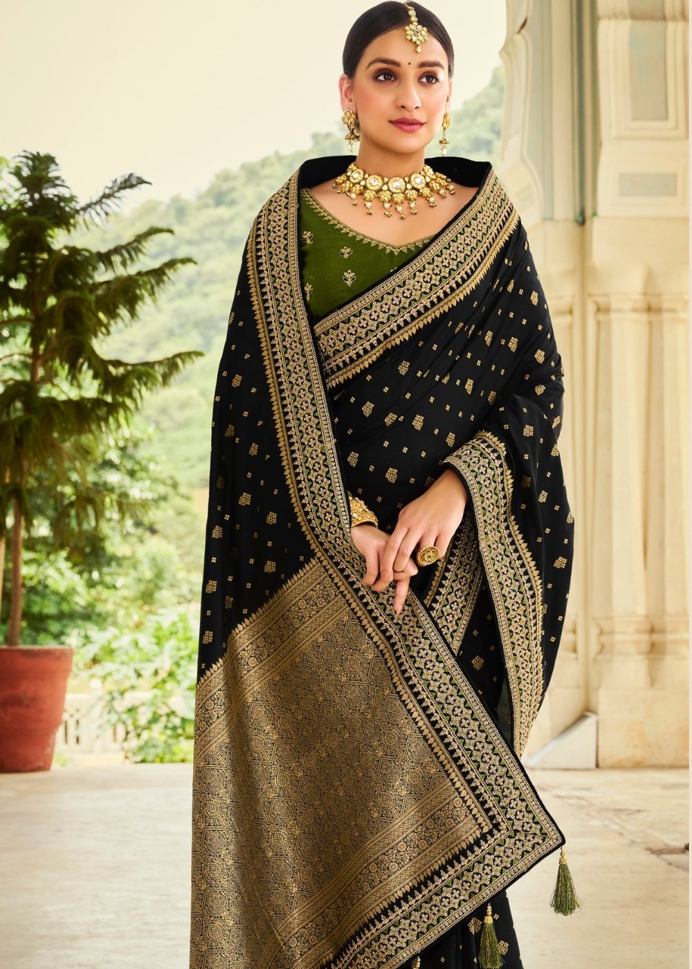 Ebony Black Woven Banarasi Silk Saree with Embroidered Blouse