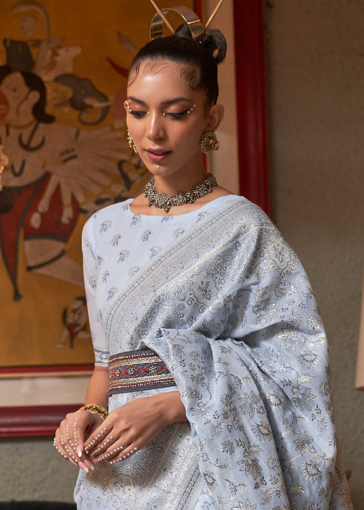 Silver Grey Kashmiri Woven Cotton Silk Saree