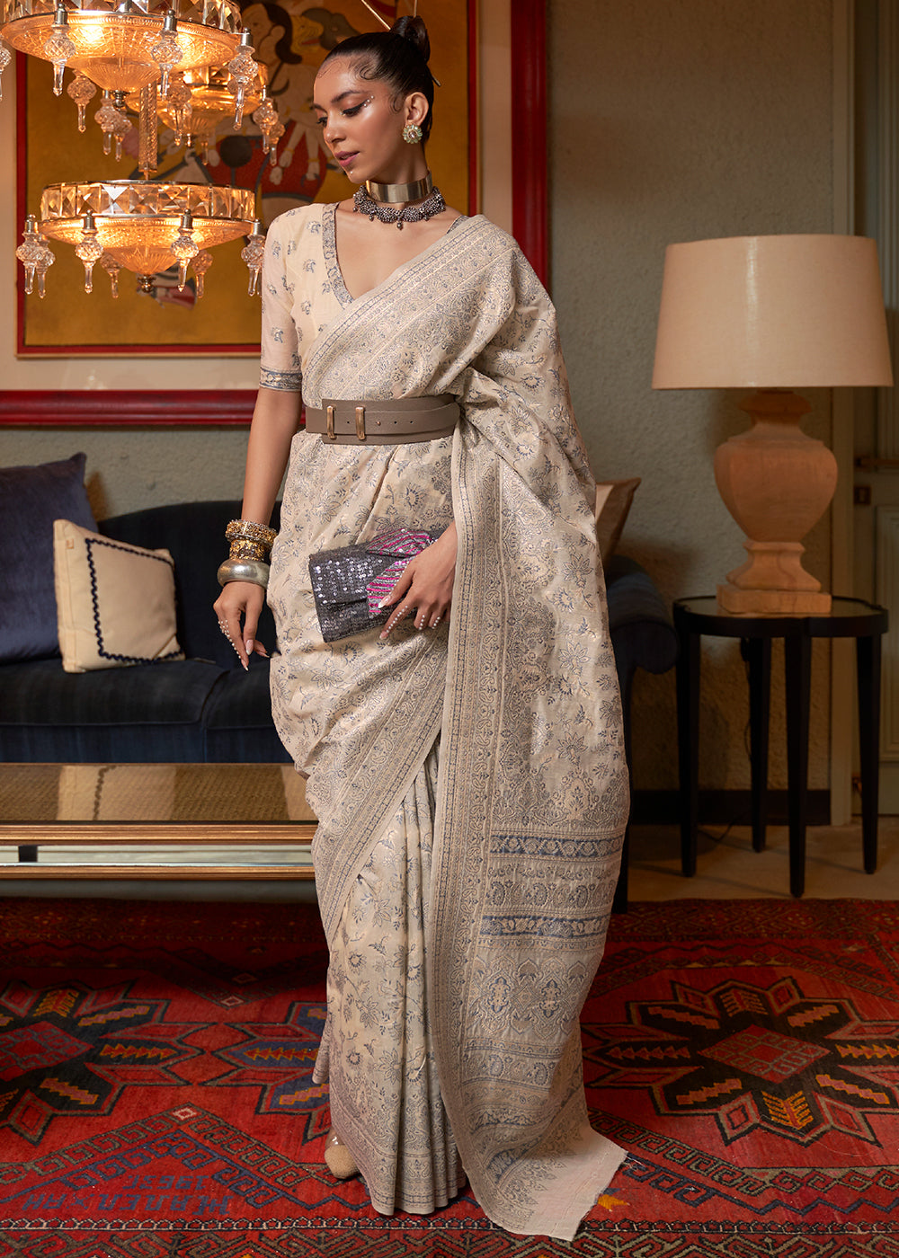 Light Beige Brown Kashmiri Woven Cotton Silk Saree