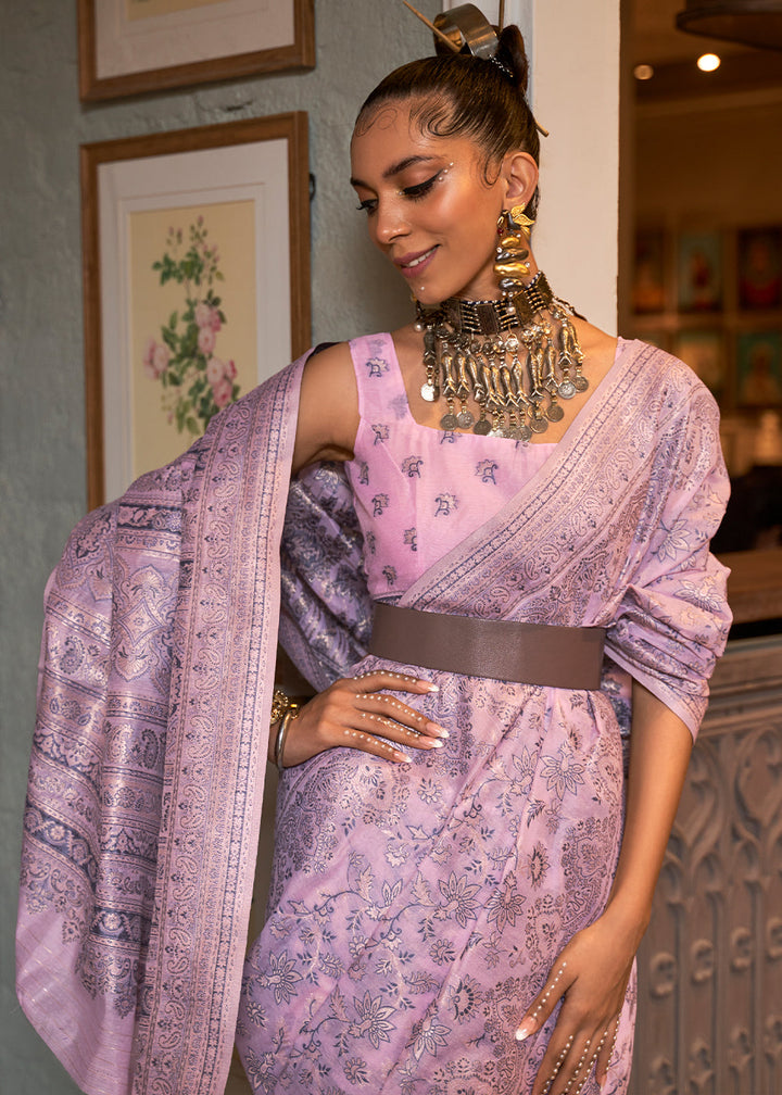 Lavender Purple Kashmiri Woven Cotton Silk Saree