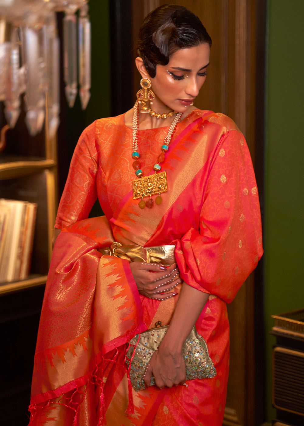 Orange & Pink Handloom Woven Banarasi Silk Saree