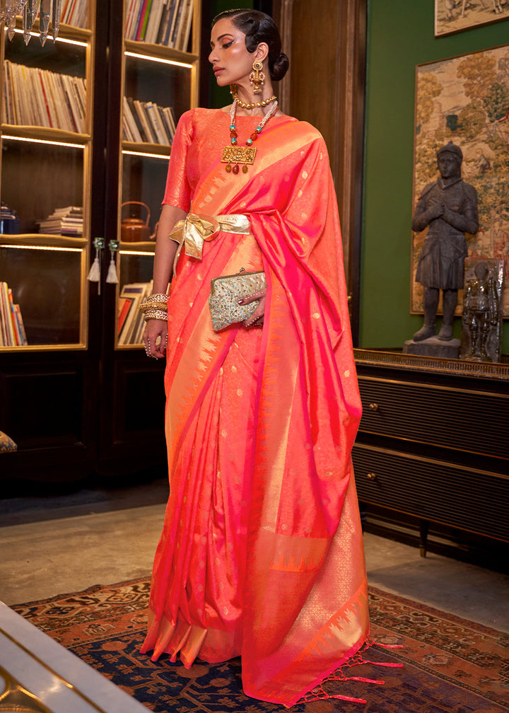 Orange & Pink Handloom Woven Banarasi Silk Saree