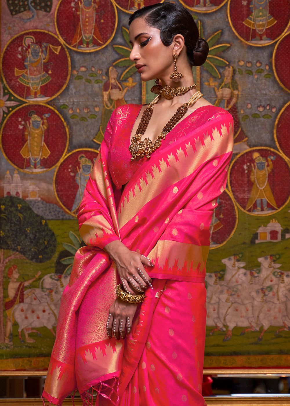 Strawberry Pink Handloom Woven Banarasi Silk Saree