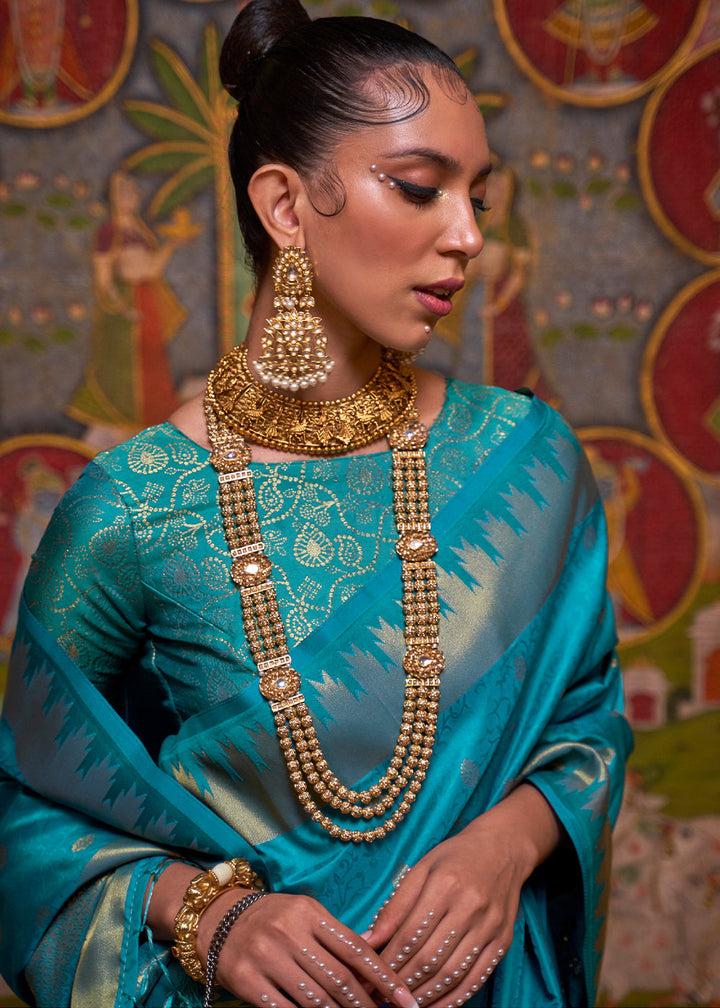 Cerulean Blue Handloom Woven Banarasi Silk Saree