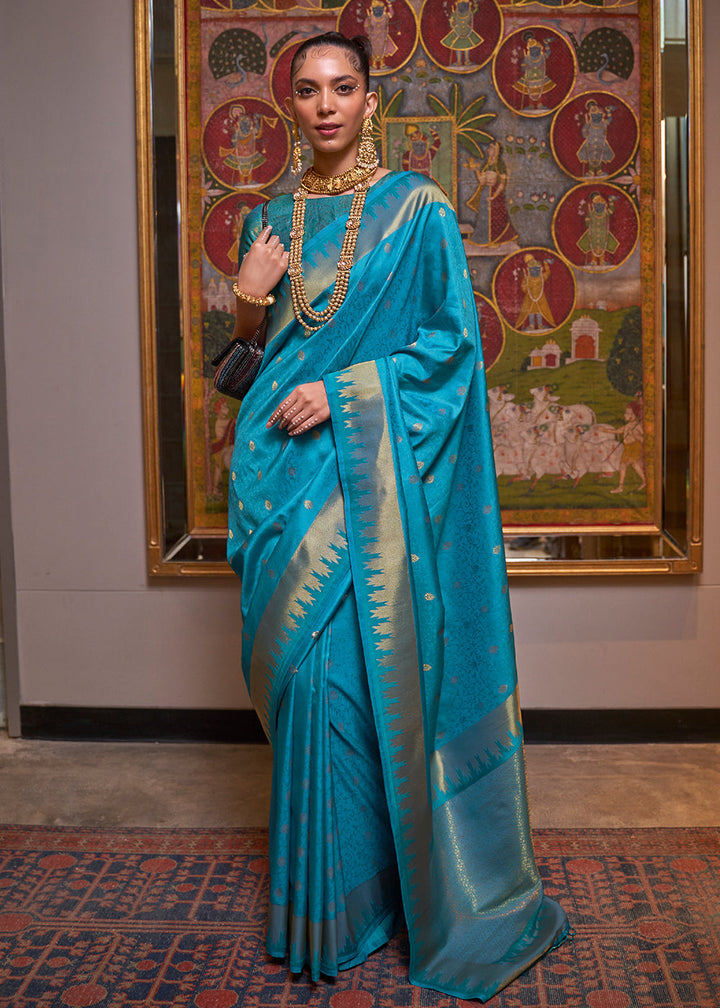 Cerulean Blue Handloom Woven Banarasi Silk Saree