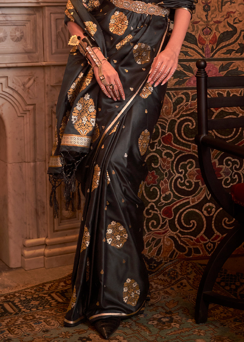 Onyx Black Copper Zari Woven Satin Silk Saree