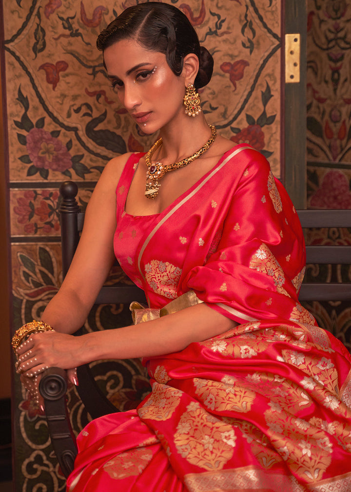 Tart Red Copper Zari Woven Satin Silk Saree