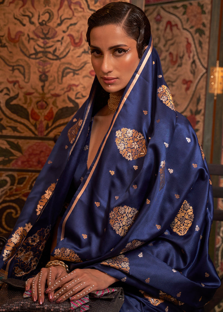 Midnight Blue Copper Zari Woven Satin Silk Saree