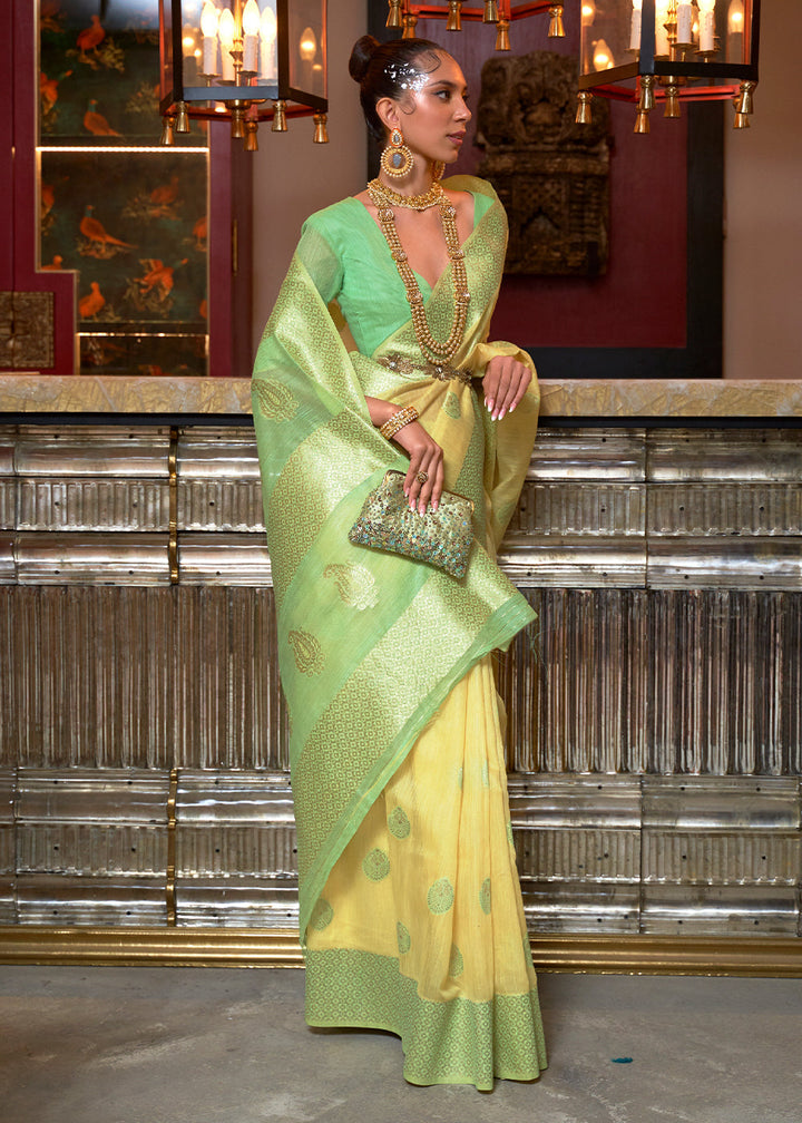 Blonde Yellow Woven Linen Silk Saree with Contrast Border & Pallu