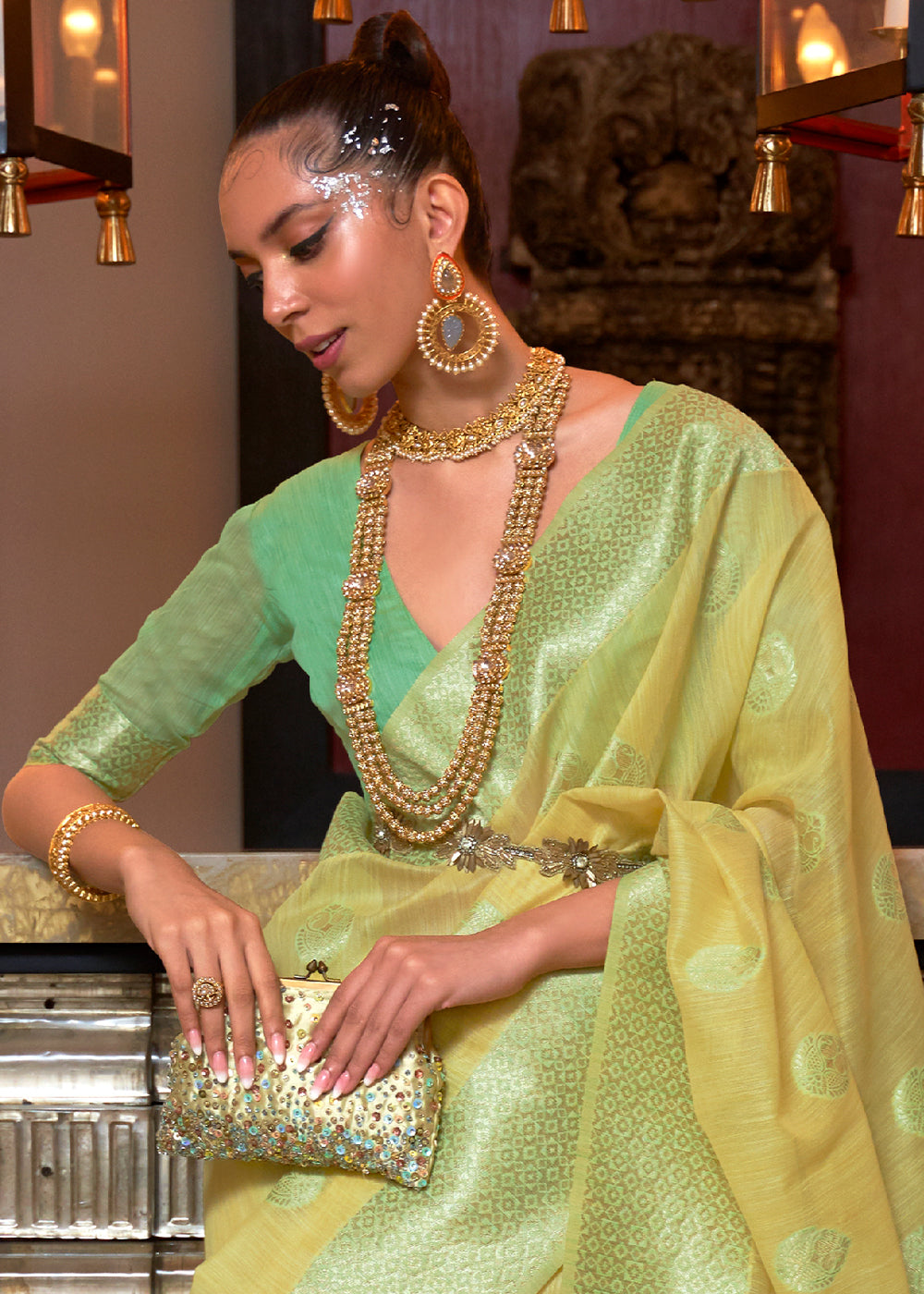 Blonde Yellow Woven Linen Silk Saree with Contrast Border & Pallu