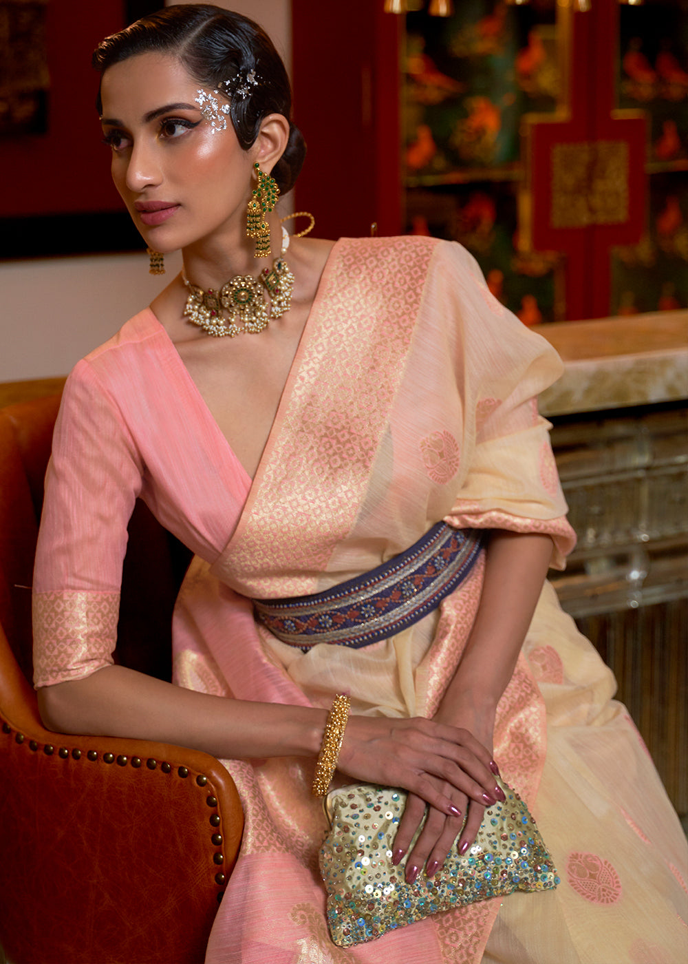 Beige Brown Woven Linen Silk Saree with Contrast Border & Pallu
