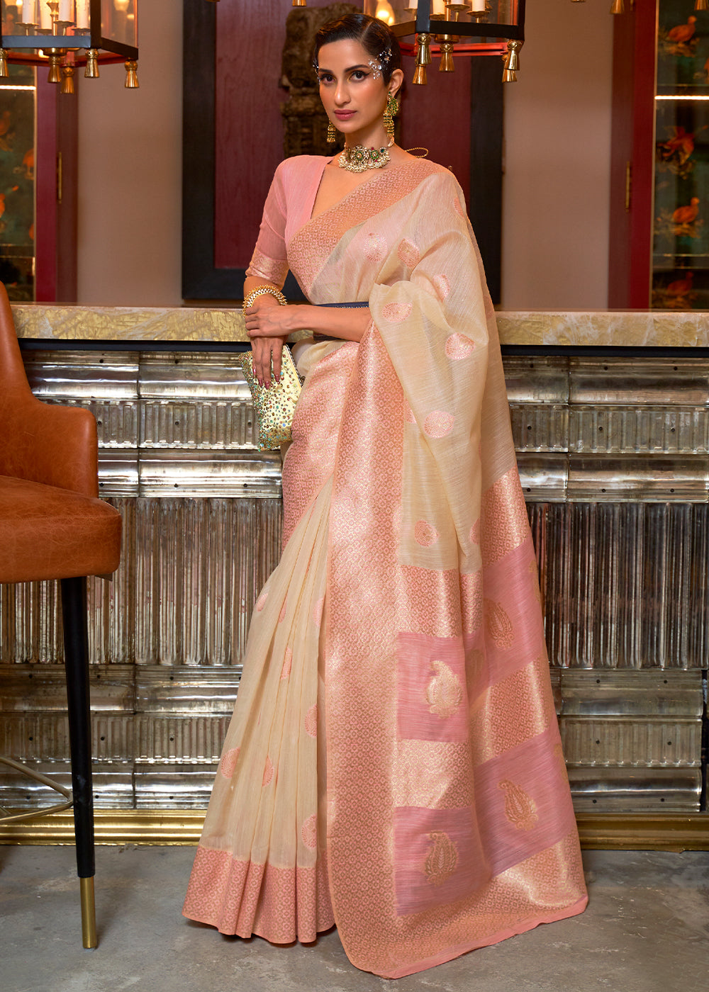 Beige Brown Woven Linen Silk Saree with Contrast Border & Pallu