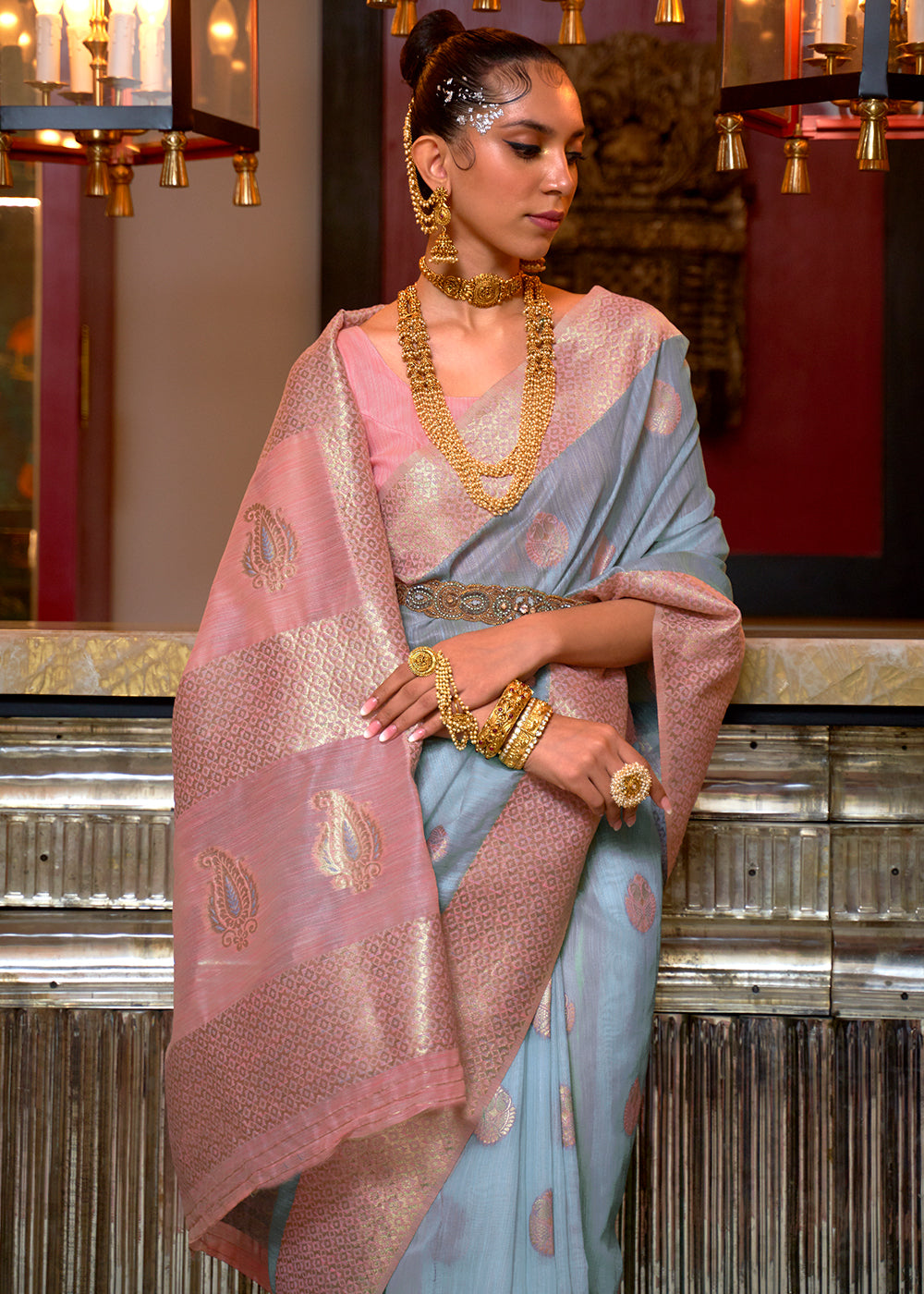 Sky Blue Woven Linen Silk Saree with Contrast Border & Pallu