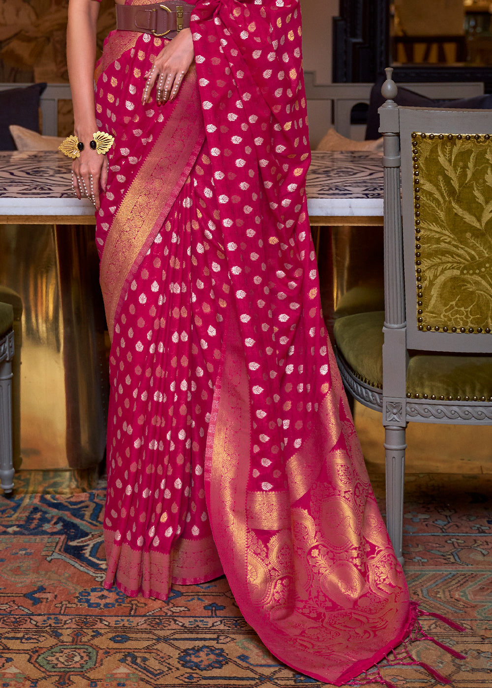 Magenta Pink Copper Zari Woven Banarasi Khaddi Silk Saree