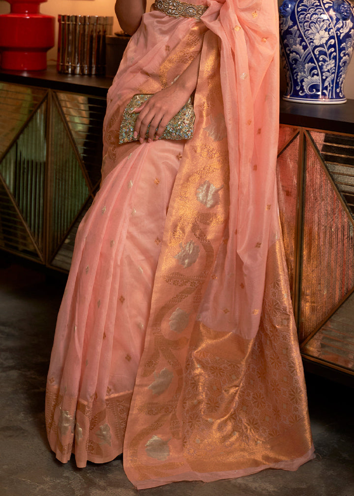 Rose Pink Copper Zari Handloom Woven Silk Saree