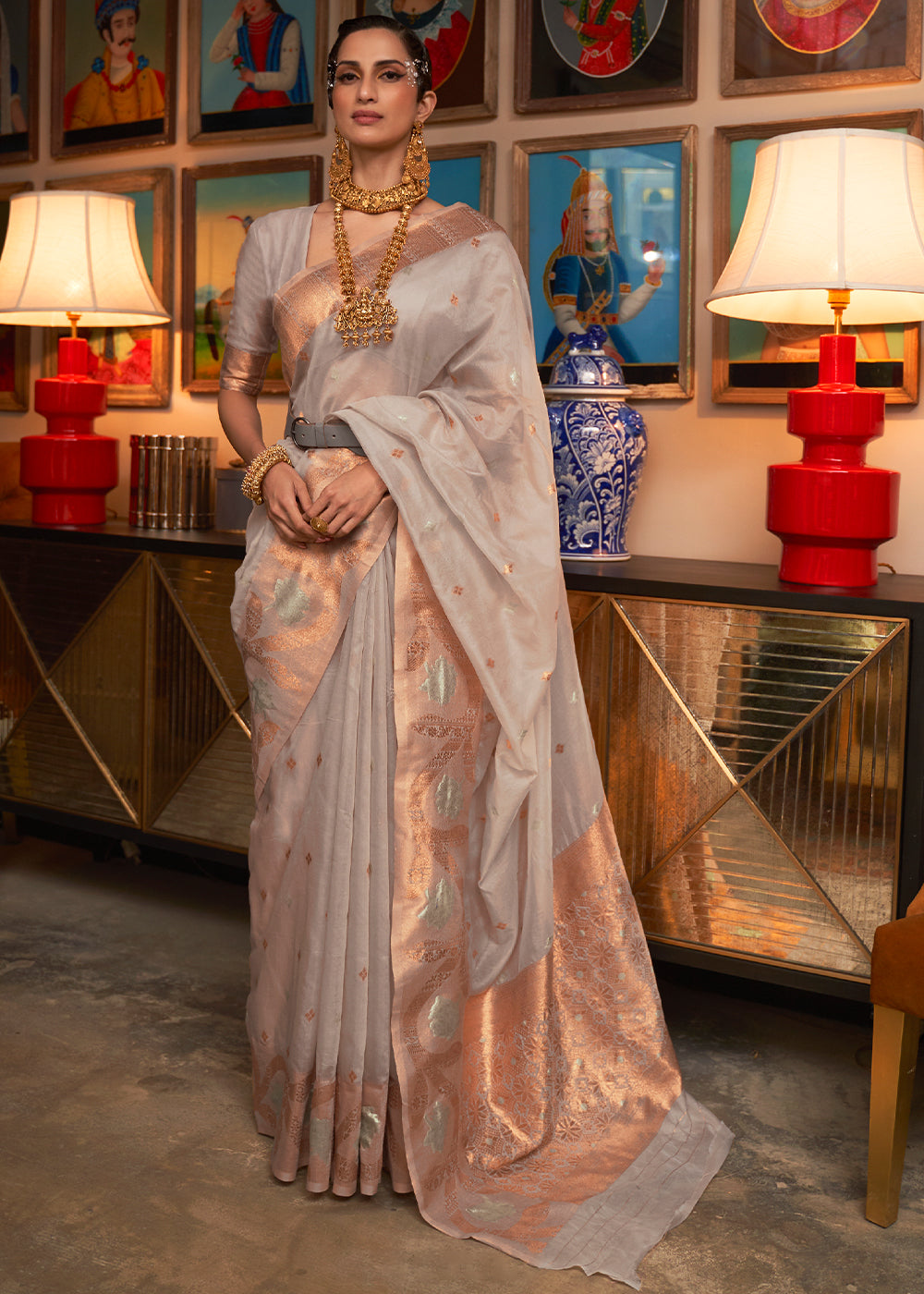 Mink Grey Copper Zari Handloom Woven Silk Saree