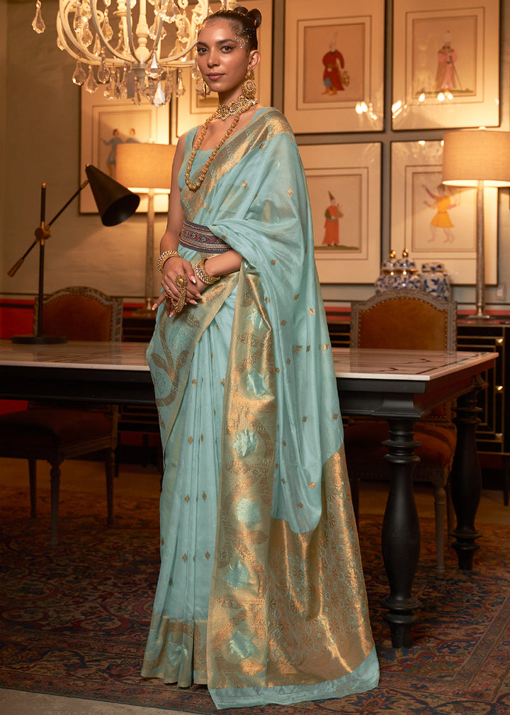 Blizzard Blue Copper Zari Handloom Woven Silk Saree