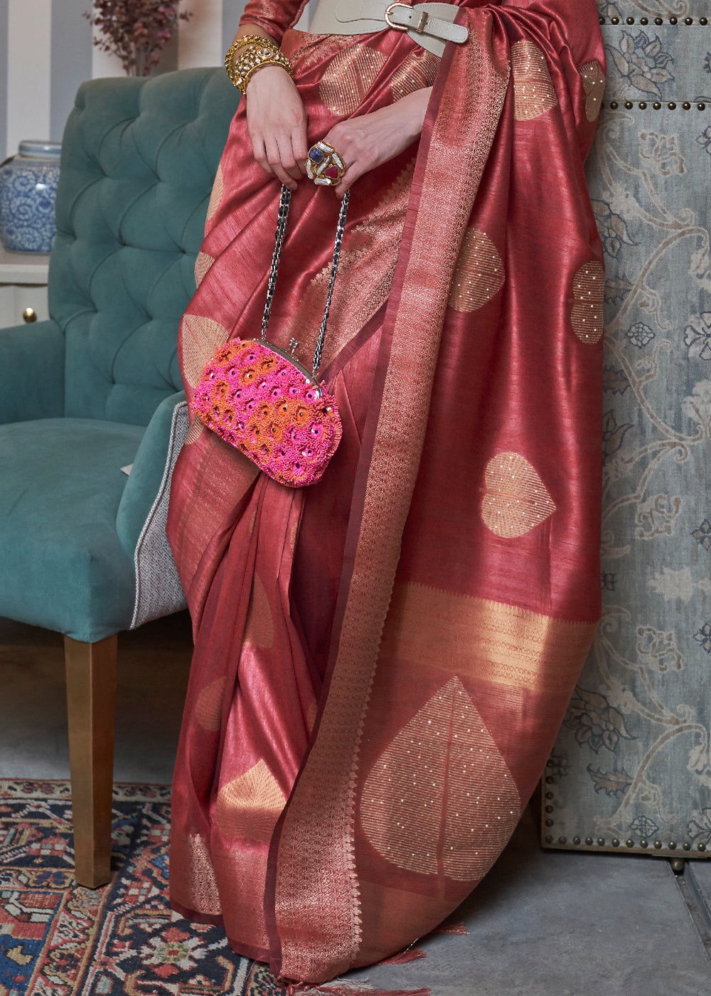 Berry Red Copper Zari Woven Silk Saree with Sequence work