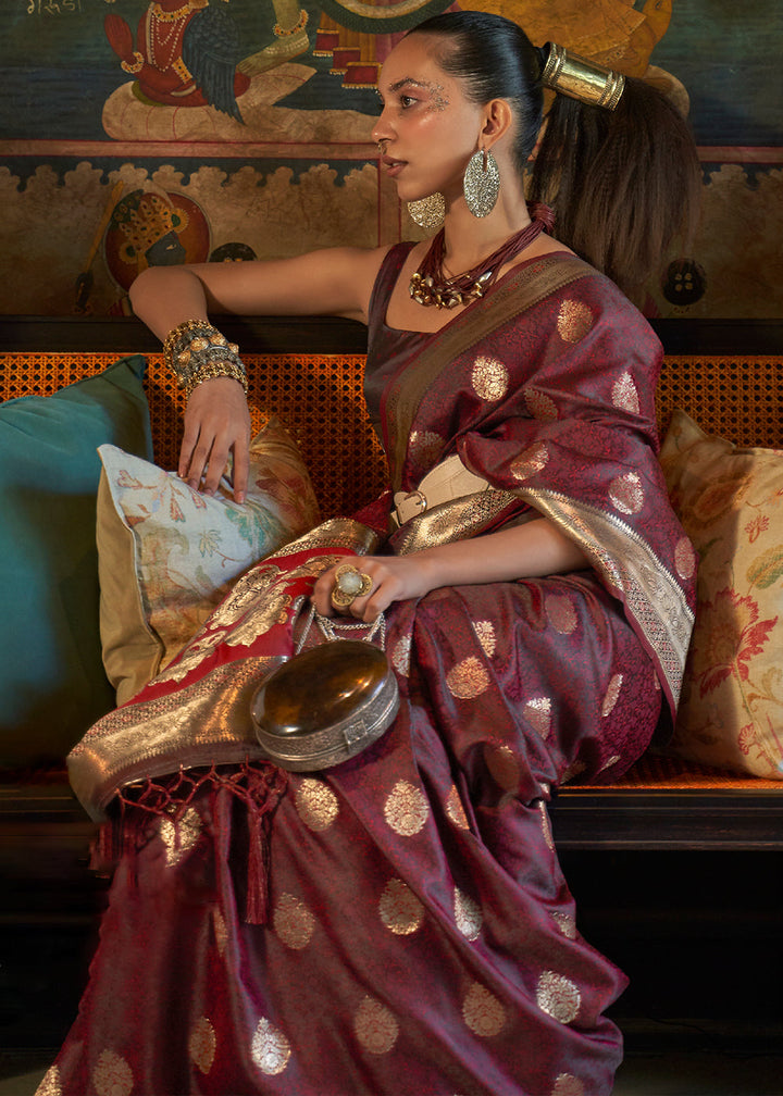 Pecan Brown Tanchoi Handloom Woven Satin Silk Saree