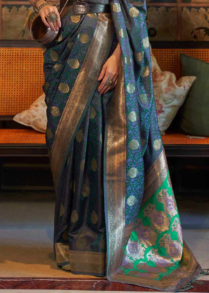 Prussian Blue Tanchoi Handloom Woven Satin Silk Saree