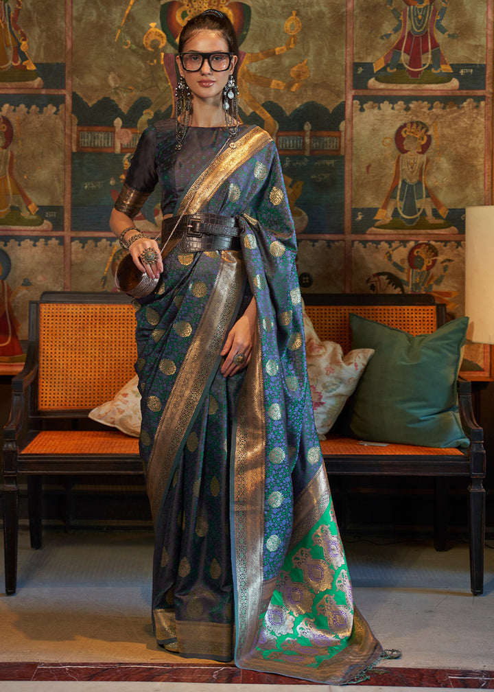 Prussian Blue Tanchoi Handloom Woven Satin Silk Saree