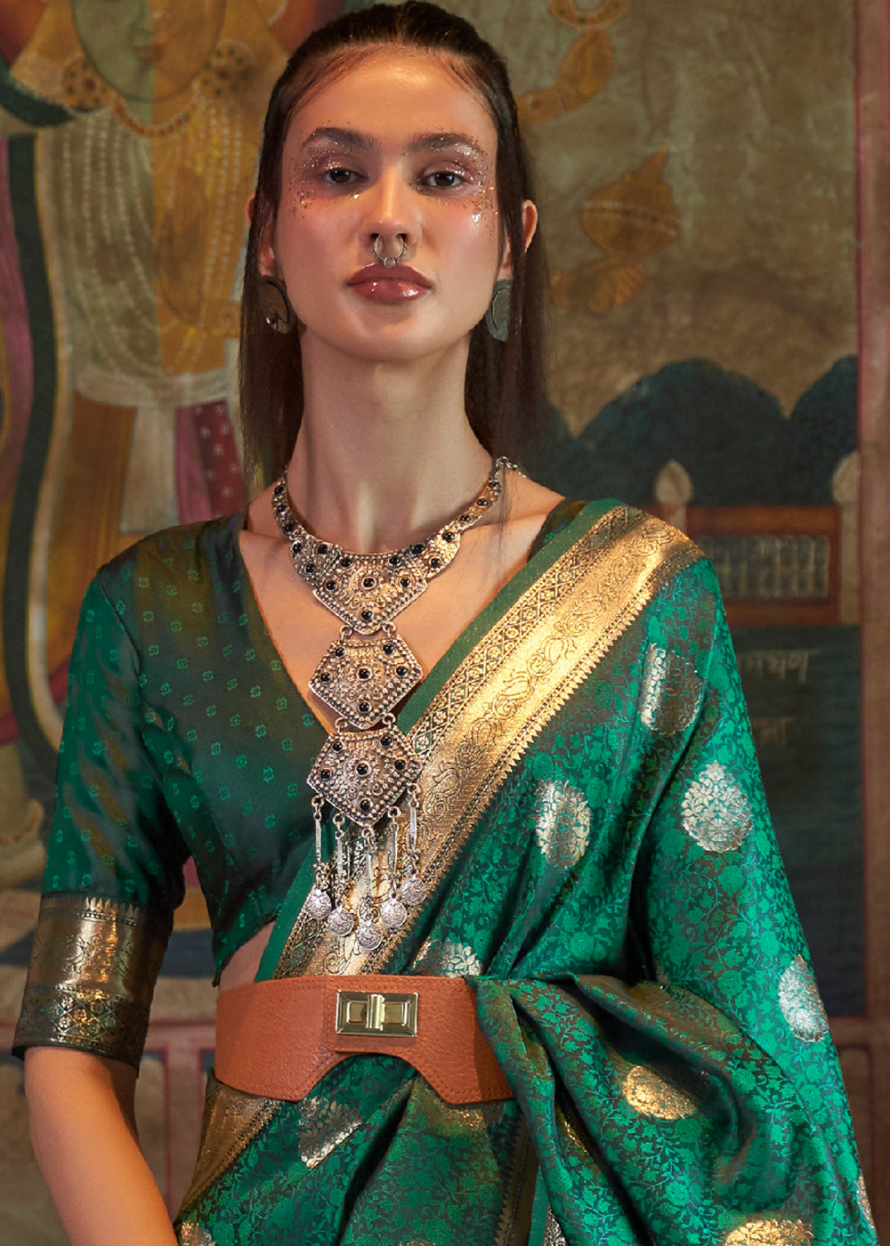 Teal Green Tanchoi Handloom Woven Satin Silk Saree