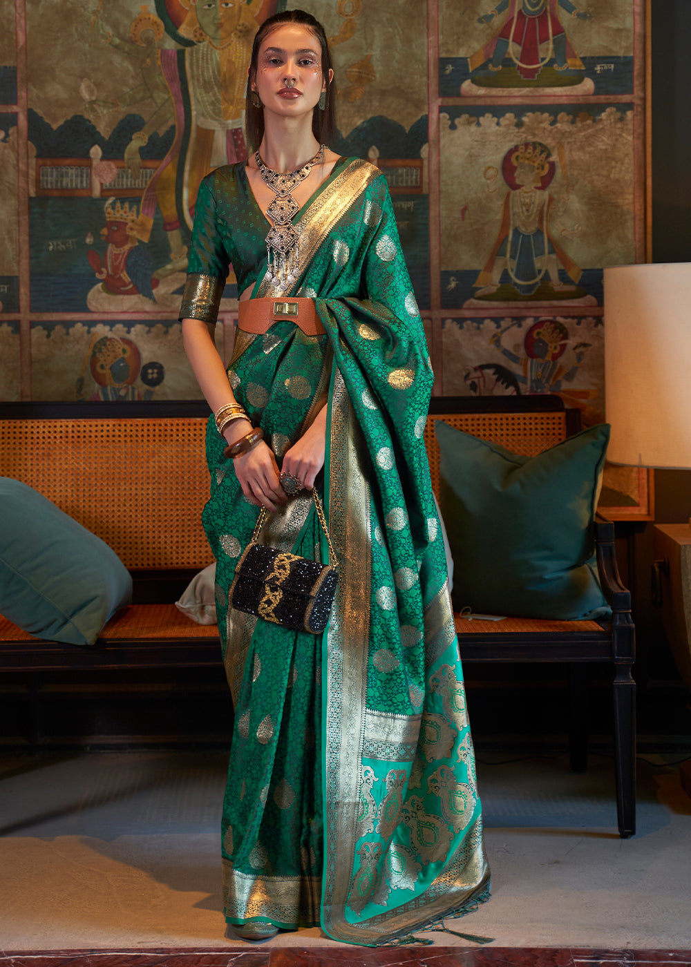 Teal Green Tanchoi Handloom Woven Satin Silk Saree