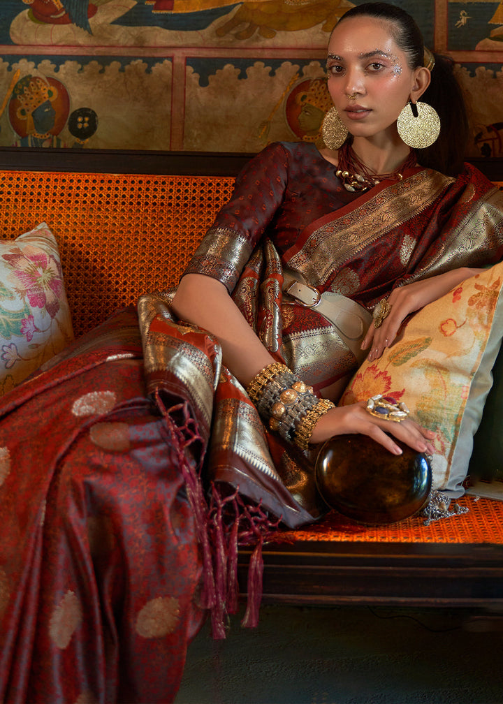 Cinnamon Brown Tanchoi Handloom Woven Satin Silk Saree