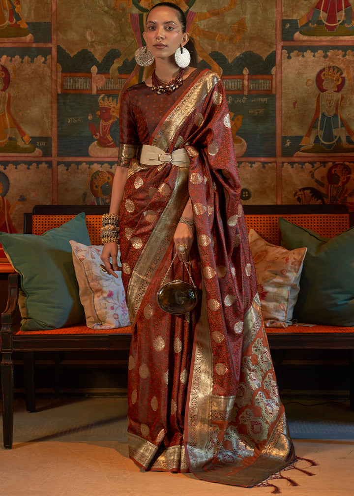 Cinnamon Brown Tanchoi Handloom Woven Satin Silk Saree