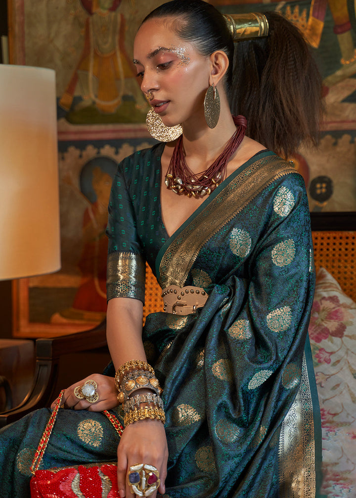 Indigo Dye Blue Tanchoi Handloom Woven Satin Silk Saree