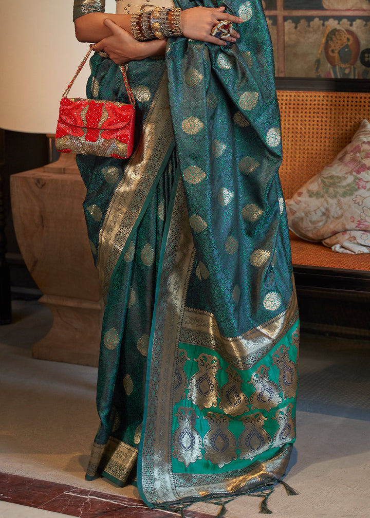 Indigo Dye Blue Tanchoi Handloom Woven Satin Silk Saree