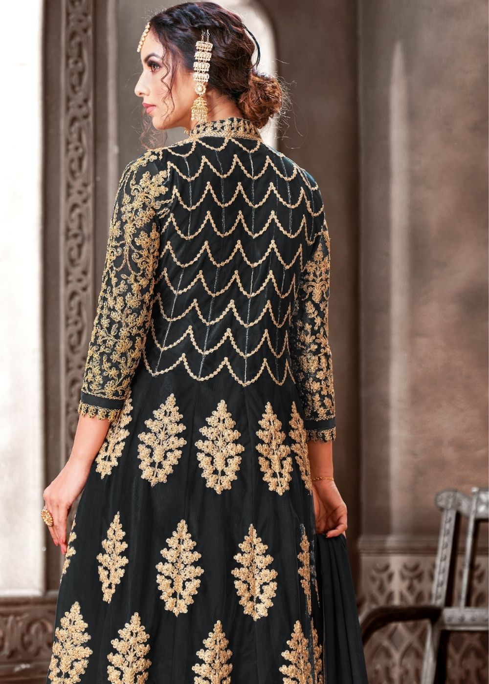 Sable Black Designer Net Anarkali Suit with Full Thread Embroidery Work