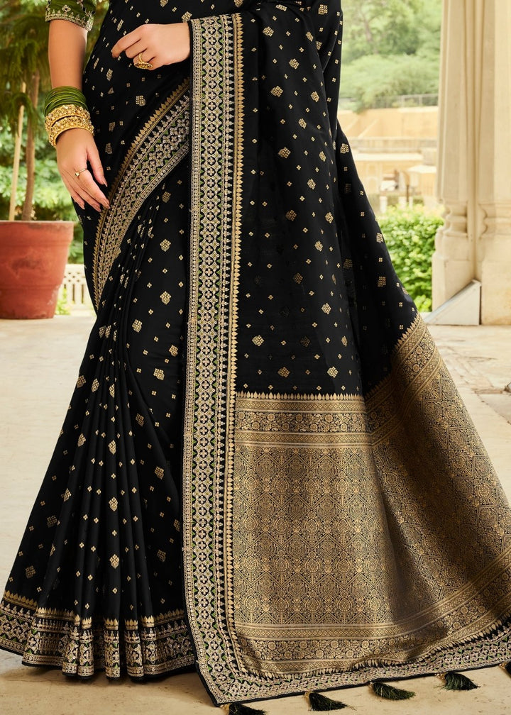 Ebony Black Woven Banarasi Silk Saree with Embroidered Blouse