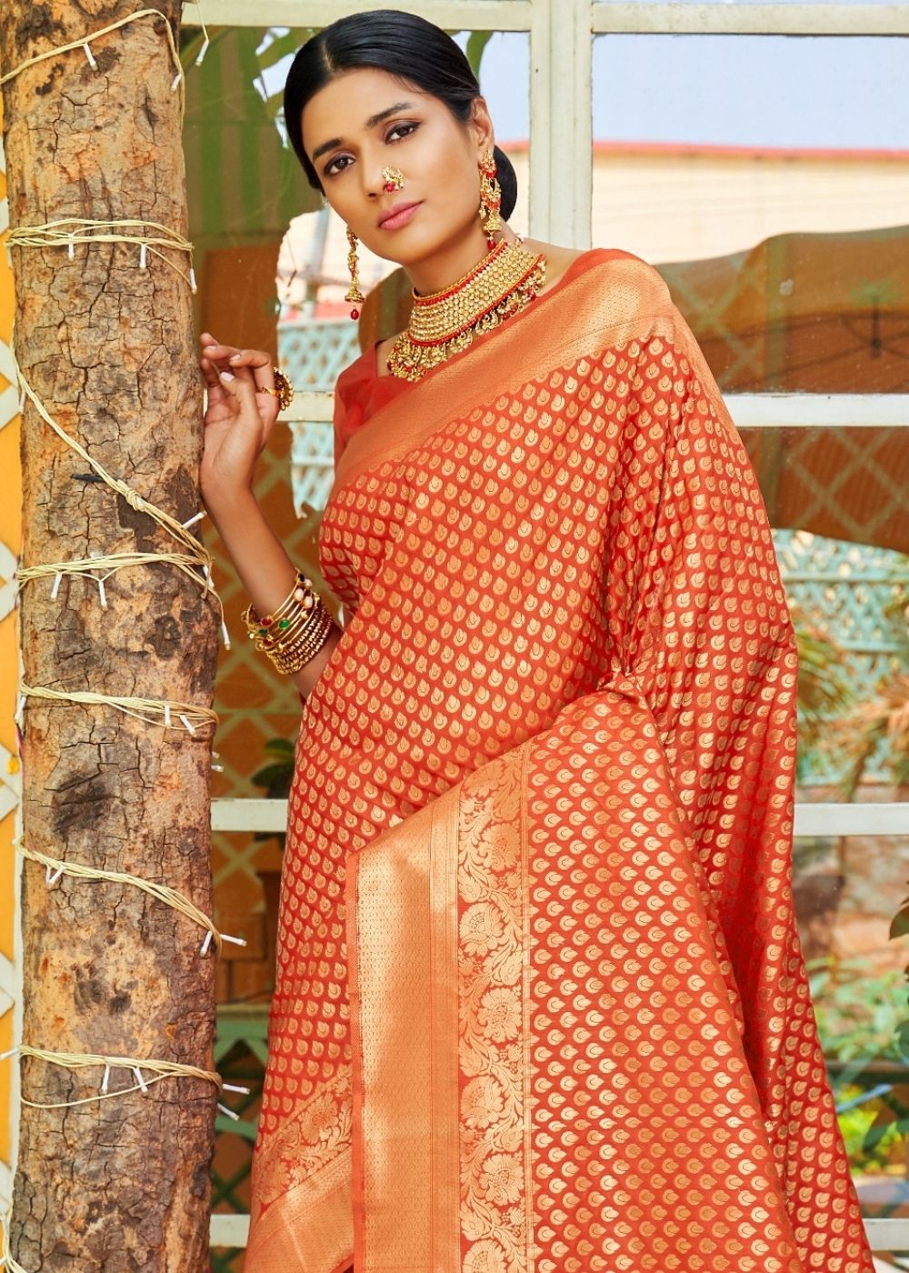 Yam Orange Woven Banarasi Brocade Silk Saree