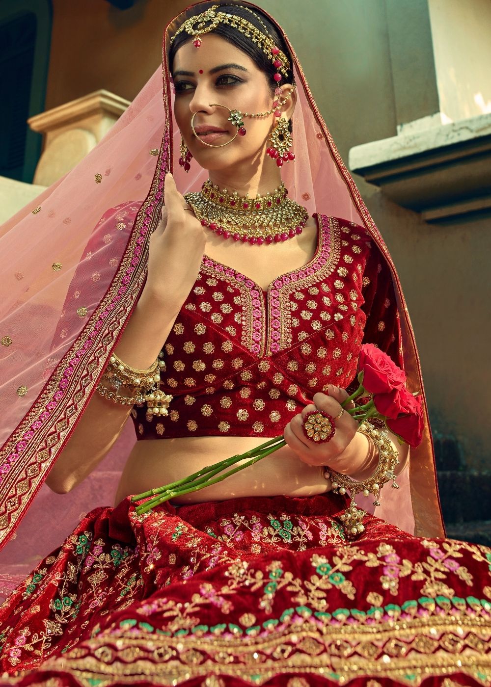 Sangria Red Bridal Velvet Lehenga Choli with Embroidery & Hand work