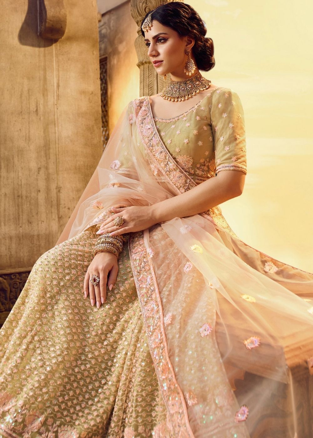 Golden Gota Silk and Soft Net Bridal Lehenga Choli with Resham Embroidery and Aari work