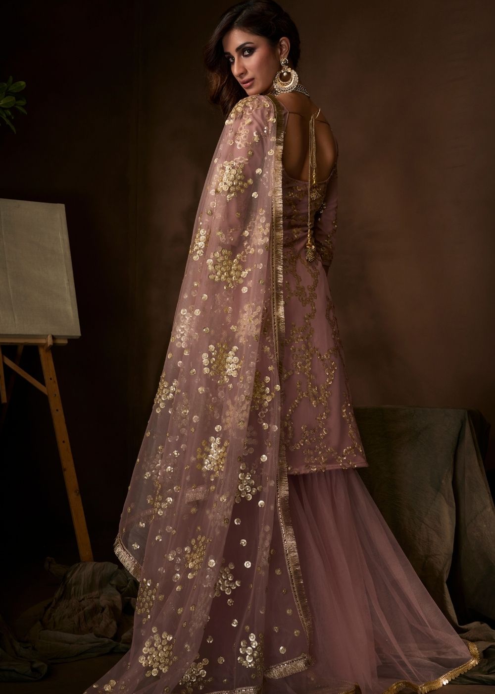 Rose Pink Designer Soft Net Sharara Suit with Sequin and Thread work