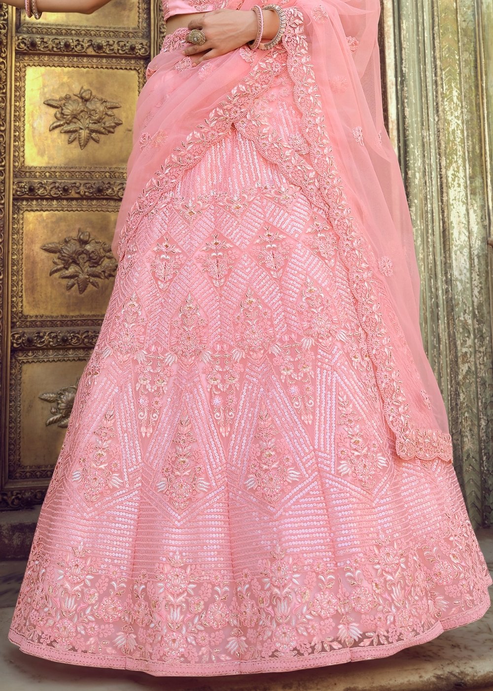 Creamy Pink Soft Net Lehenga Choli with Sequins, Thread, Zari & Dori work