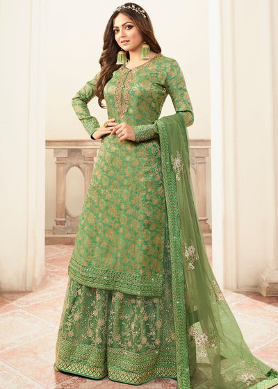 Green Heavy Embroidered Dope Jacquard Sharara Suit