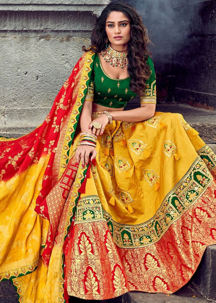 Yellow & Green Banarasi Kanjivaram Silk Lehenga