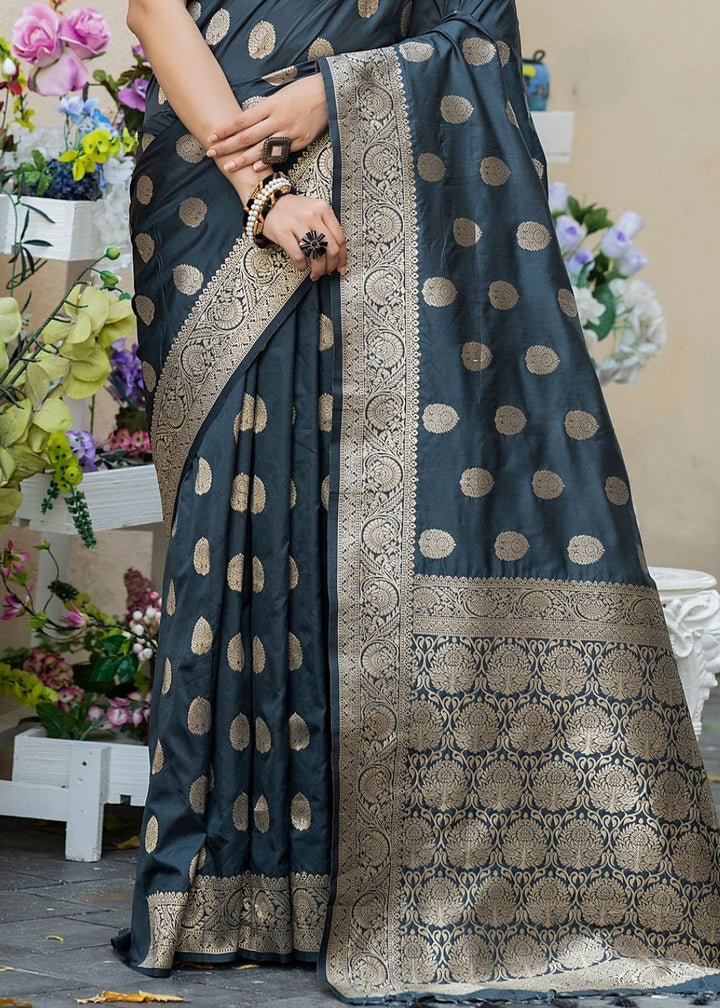 Iron Grey Soft Banarasi Silk Saree with overall Butti