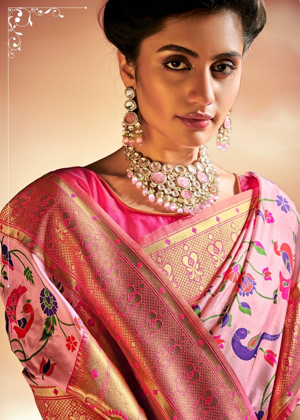 Taffy Pink Woven Banarasi Paithani Silk Saree