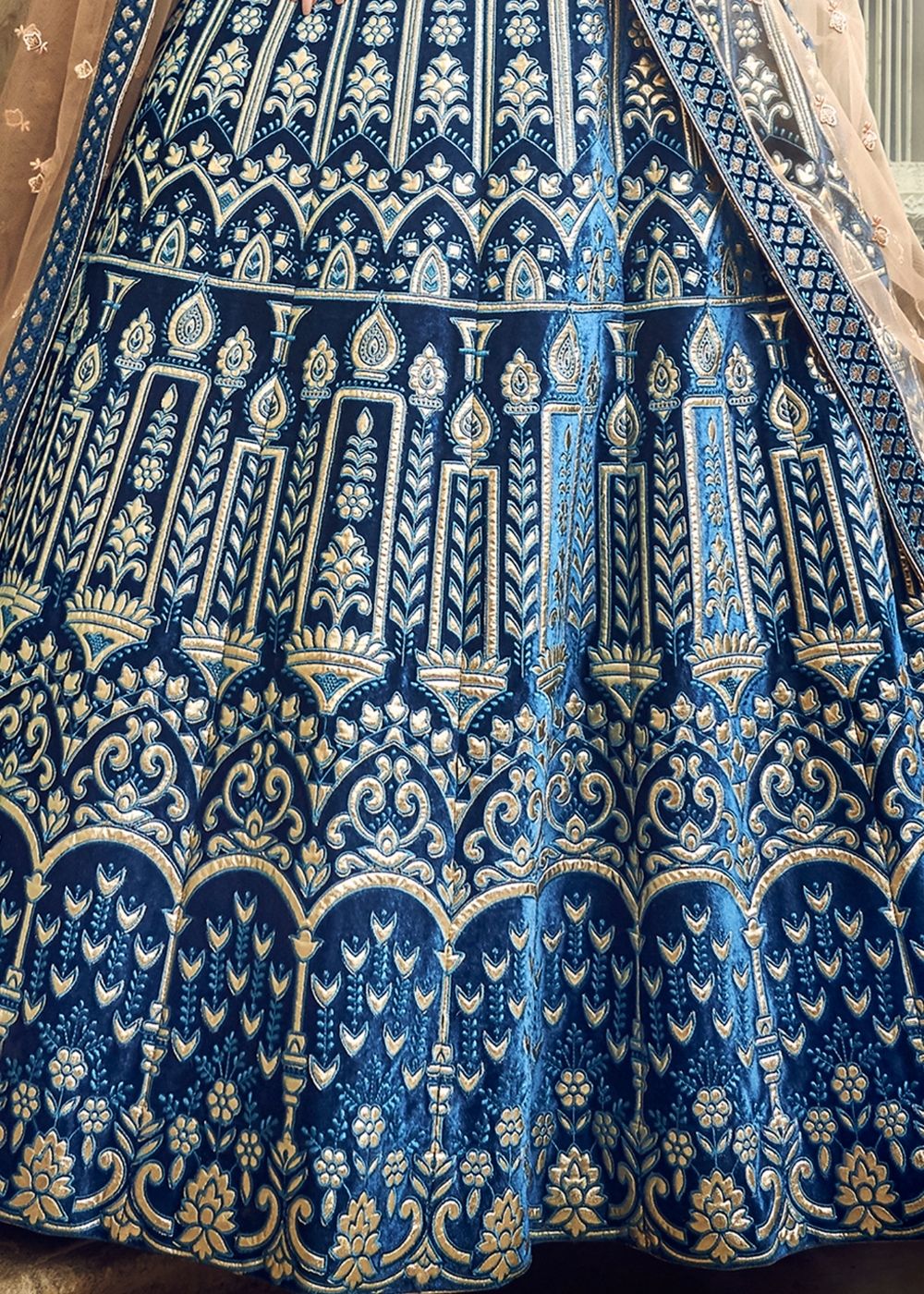 Azure Blue Pure Velvet Lehenga Choli with Thread, Zari and Pure Gota work