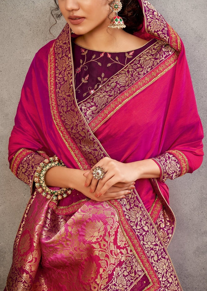 Pink Dual Tone Georgette Silk Saree with Thread, Zari & Cord Embroidery