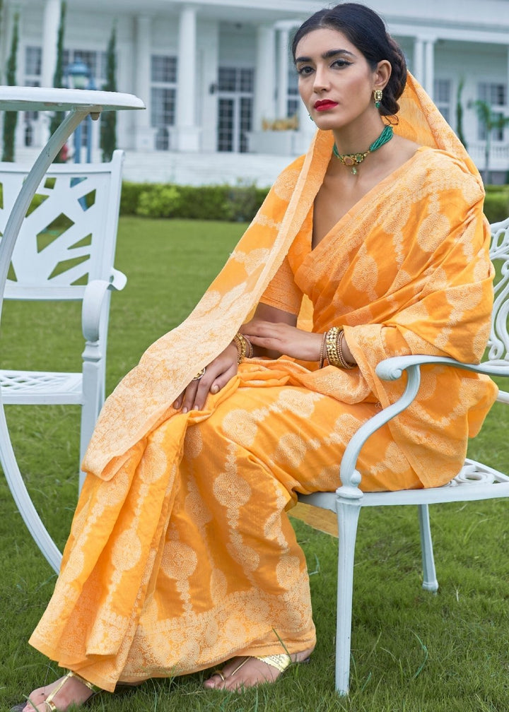Amber Yellow Lucknowi Chikankari Weaving Silk Saree