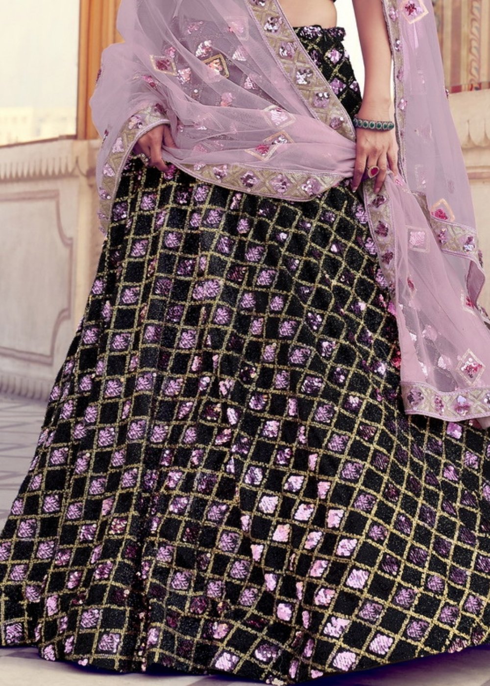 Black & Pink Designer Lehenga Choli with Sequins work