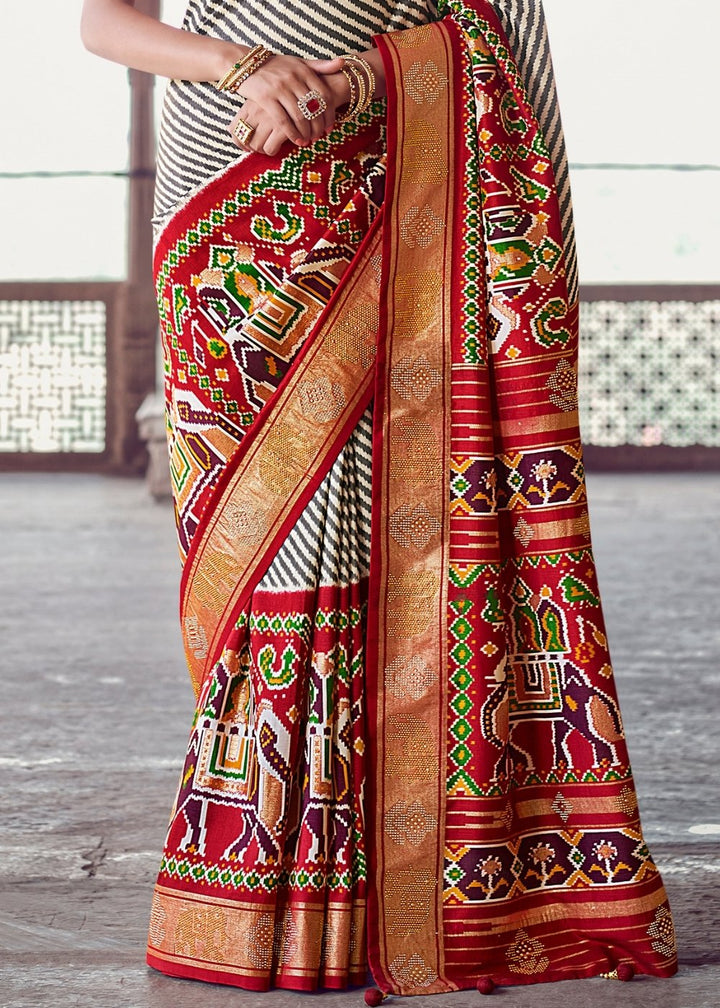 Linen White & Red Patola Silk Saree with Zari Border Pallu & Stone work: Top Pick