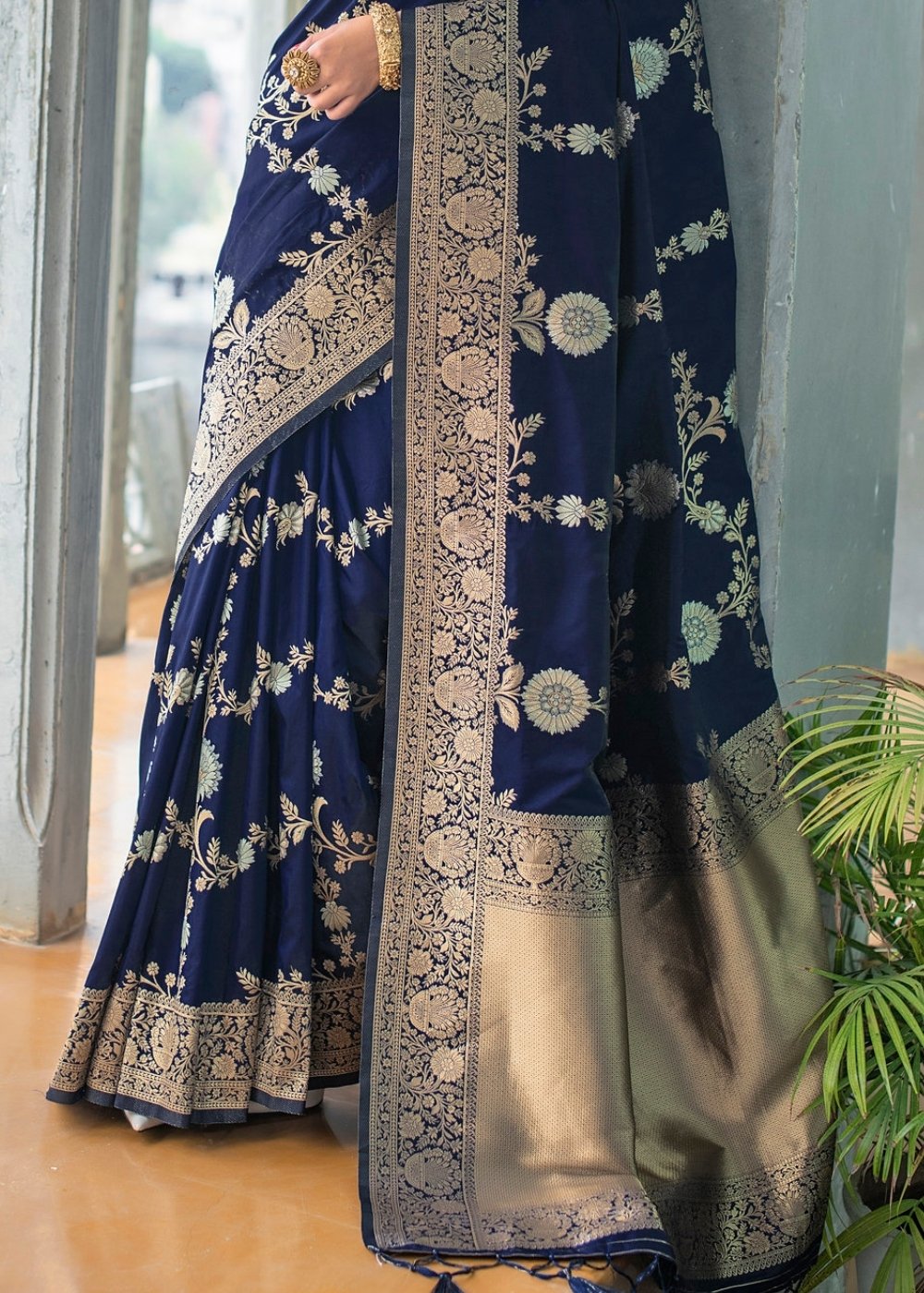 Berry Blue Soft Banarasi Silk Saree with Floral Zari work