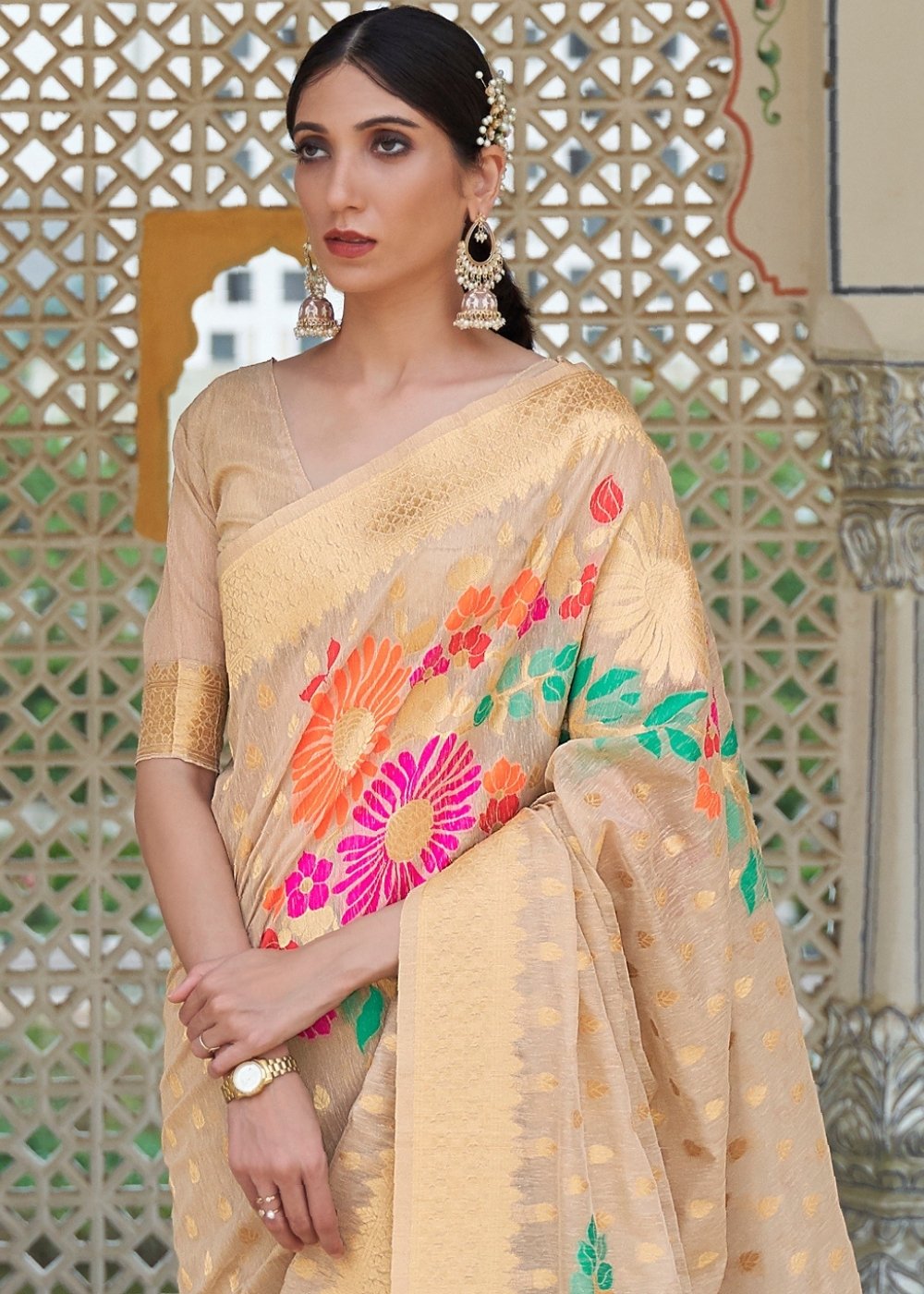 Beige Brown Floral Embroidered Linen Silk Saree