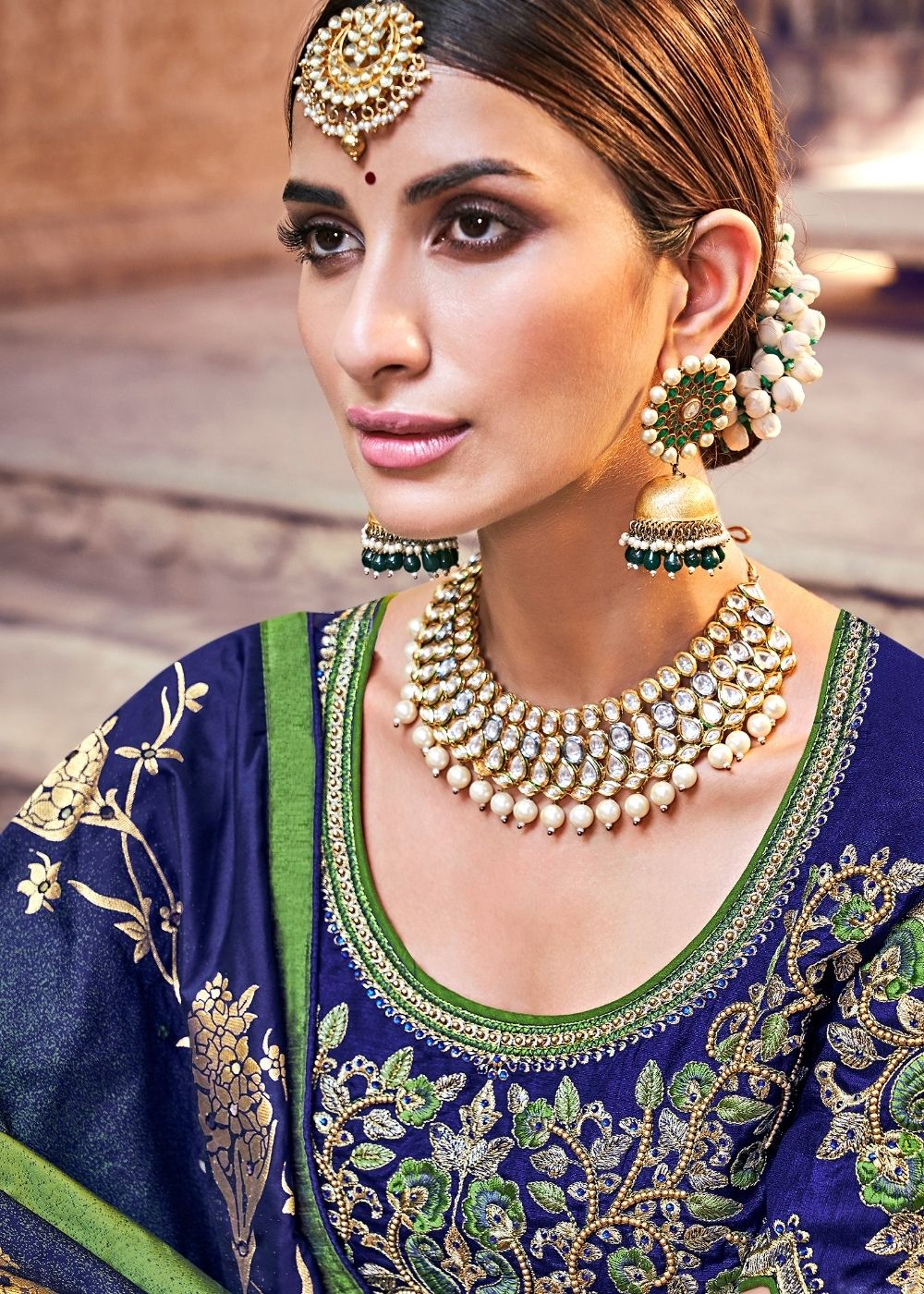 Fern Green & Blue Banarasi Silk Saree with Embroidered Silk Blouse